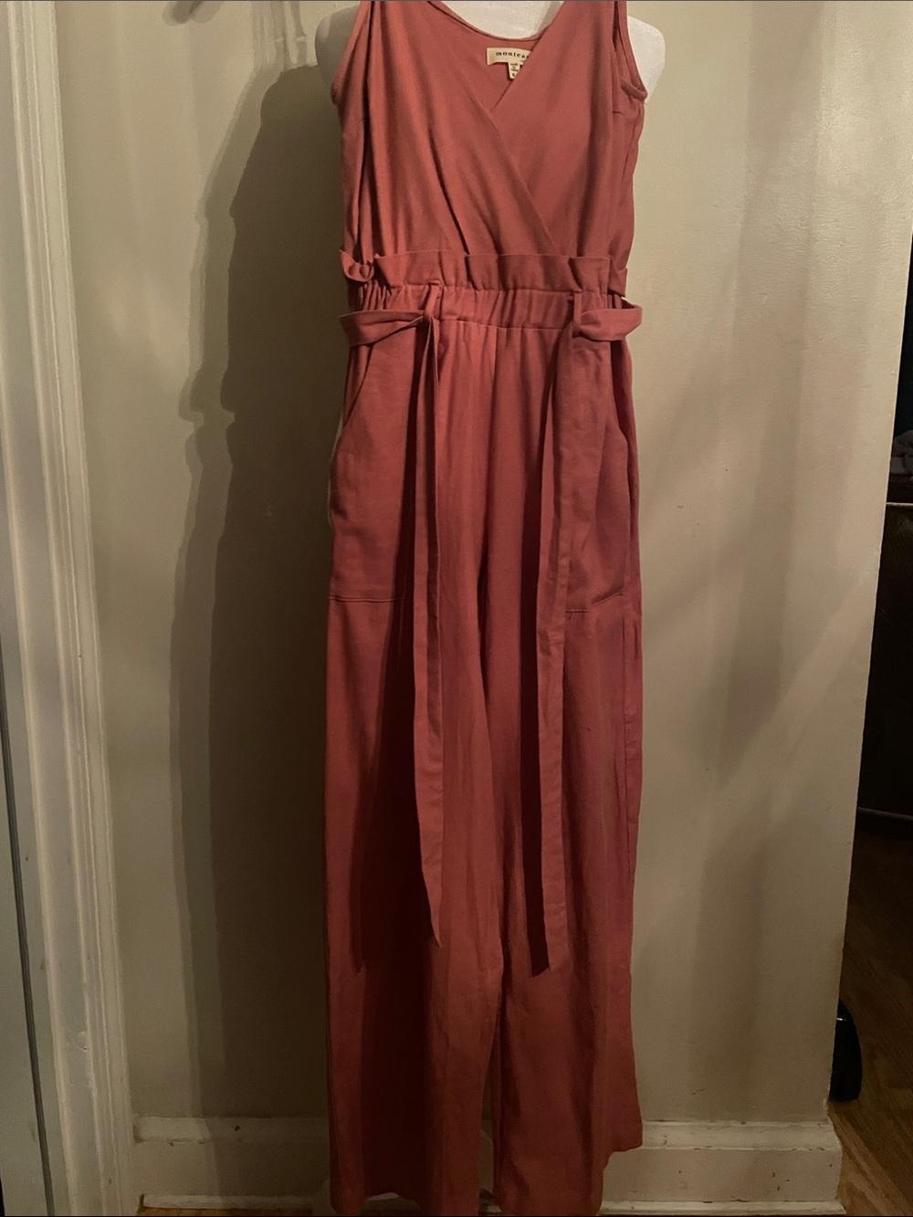 V-Neck Sleeveless Jumpsuit with Self Tie in Dusty Rose